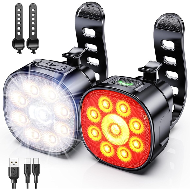 Set de lumini pentru biciclete, Bedee, Faruri fata: 600mAh, faruri spate: 350mAh, Adecvat pentru ciclism, Camping, Drumetii, 12*8.2*3.3cm, negru