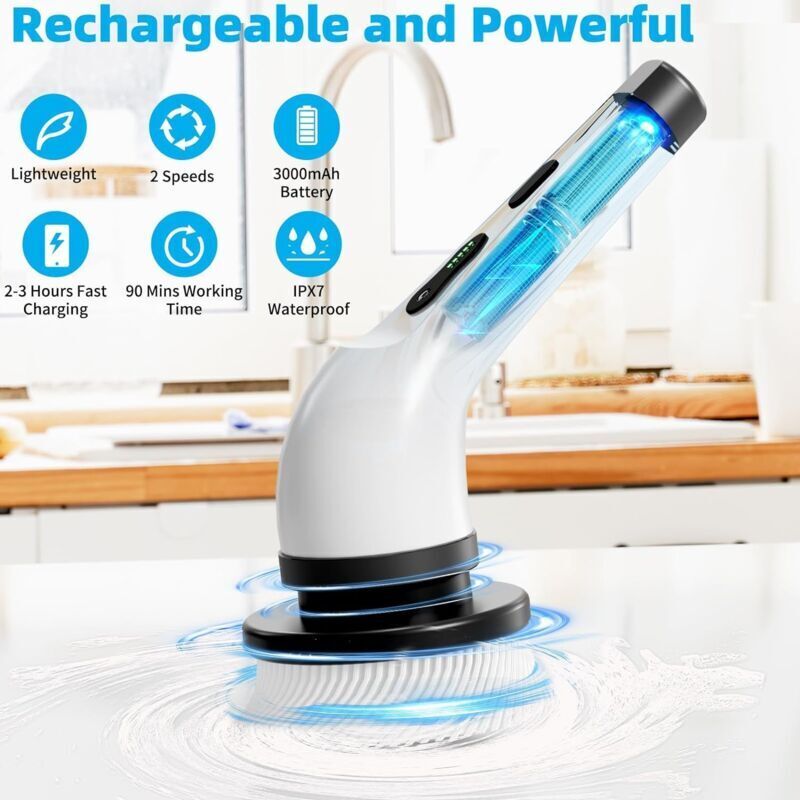 Perie electrica de curatare fara fir, set cu 9 capete, maner reglabil, alb, 25x140cm