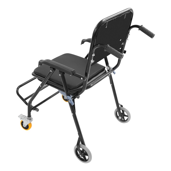Scaun de dus si toaleta, scaun comoda cu roti, 150 kg capacitate, 4 roti (2 fixe, 2 pivotante cu frana), cadru din otel, auriu