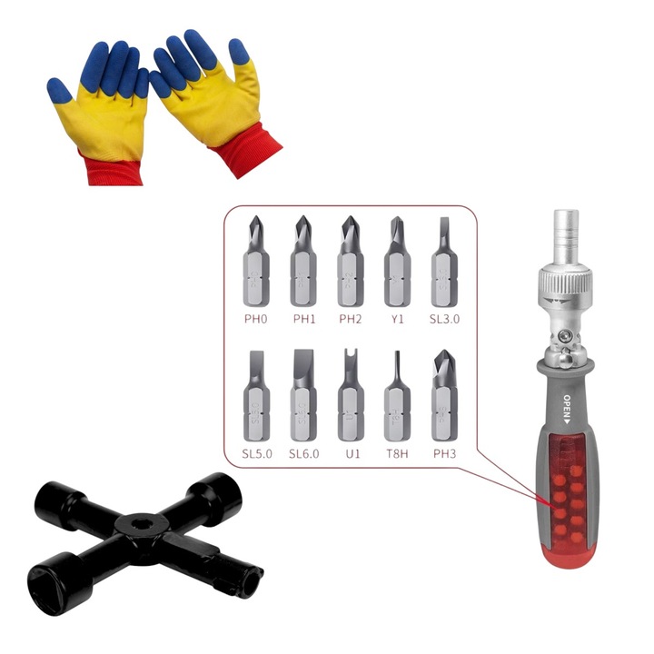 Cheie multifunctionala, tip 4 in1 - rotund 6mm/triunghiular 10 mm/ patrat 8mm/ patrat 10 mm -, pentru camine utilitati, 72X72 mm cu Set surubelnita clichet, bidirectional, crom vanadiu, depozit ascuns 10 biti, rotatie la 180 * si Set manusi protectie