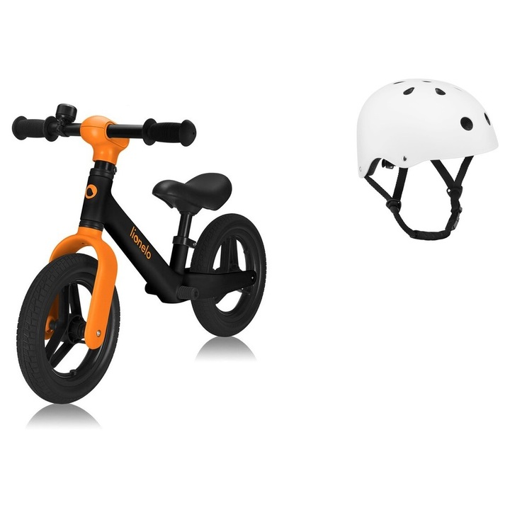 Bicicleta fara pedale, Lionelo, Toni, Cu ghidon si sa reglabile, Ultra usoara, 2.8 Kg, 18 luni+, Sustine 30 kg, Portocaliu + Casca pentru copii, Reglabila 50-56 cm, Alb