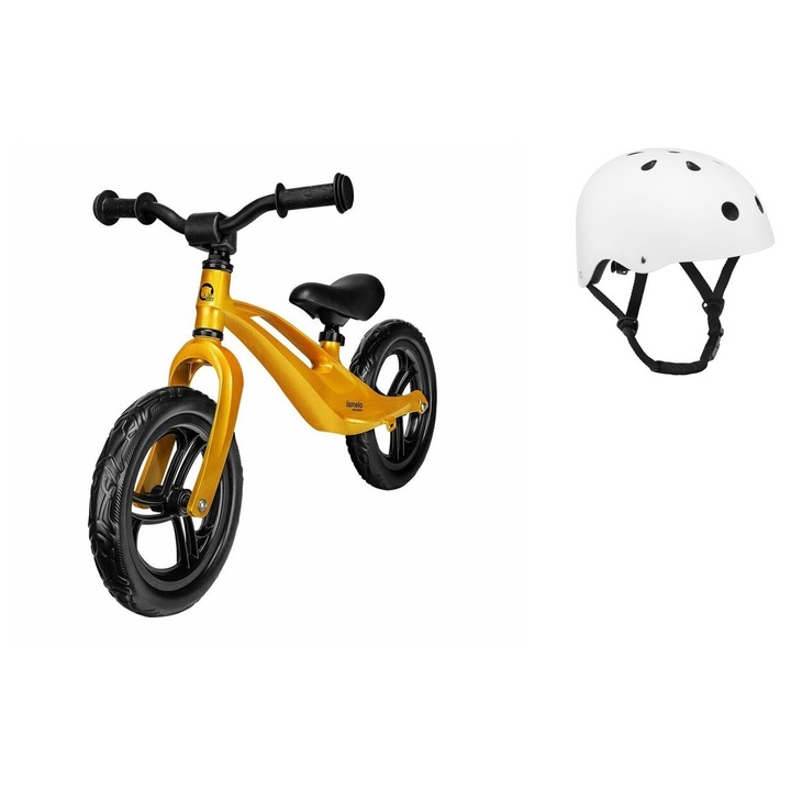 Bicicleta fara pedale, Lionelo, Bart, Usoara, Cu cadru din magneziu, Cu ghidon si sa reglabile, Greutate 3 Kg, 12 inch, Auriu + Casca pentru copii, Reglabila 50-56 cm, Bej