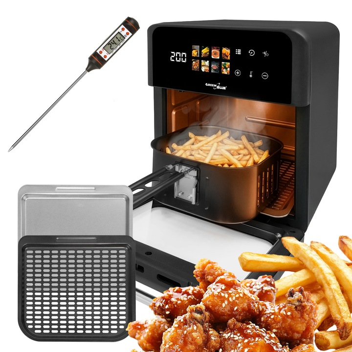 AIR FRYER olaj nélküli fritőz GreenBlue, 1800 W teljesítmény, 10 l kapacitás, 8 program, tartozékok, időzítő, GB950 + ételhőmérő/szonda, GreenBlue GB178