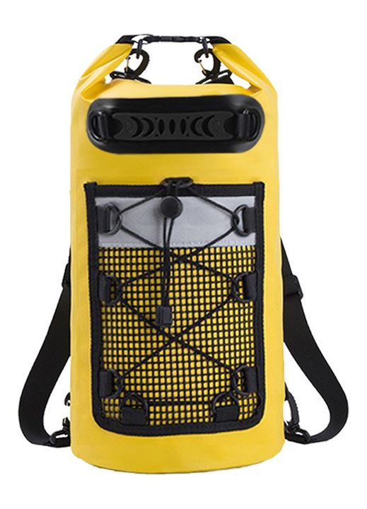 Vízálló hátizsák, 30 L, vízálló, kempingezéshez, strandoláshoz és úszáshoz alkalmas, hálóval, ORBER, fényvisszaverő elemekkel, rafting táska, két pánttal, PVC-ből, 28 × 63 cm, sárga