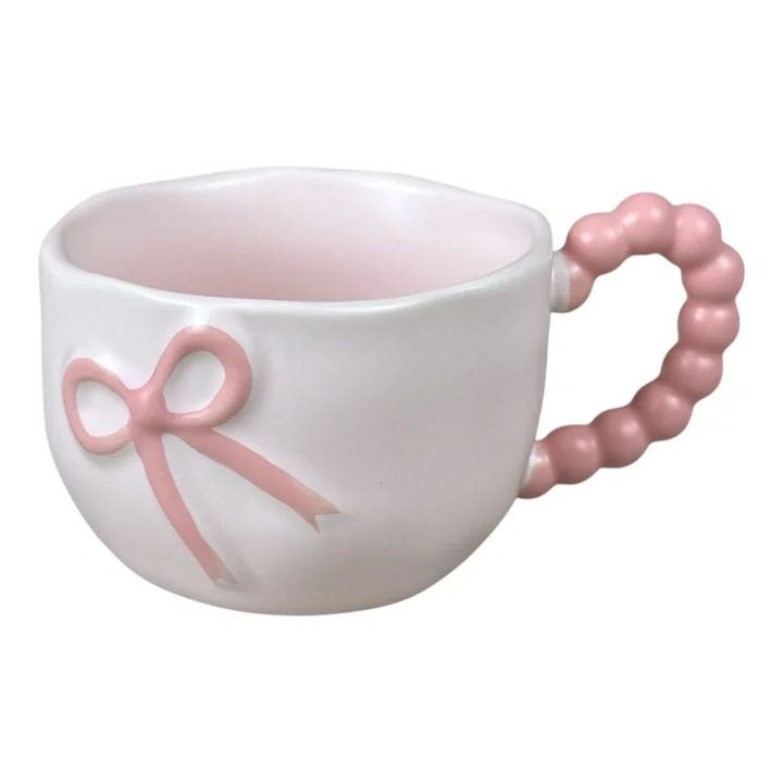 Cana din ceramica „Bow Handle” Roz cu Fundita in Relief si Maner Tip Margele, 360 ml