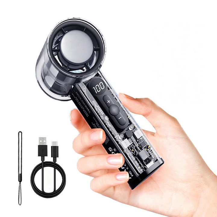 Mini ventilator portabil transparent cu gheata, incarcat prin USB, material ABS, pentru camping in aer liber, negru