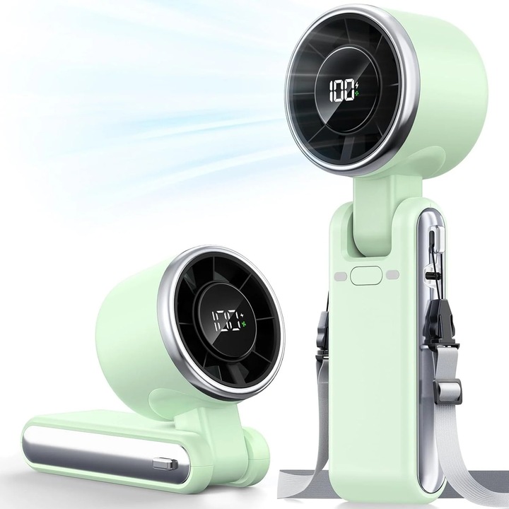 Ventilator portabil din plastic cu baterii USB, cu motor electric, pliabil, fara elici, cu 5 trepte de viteza, verde