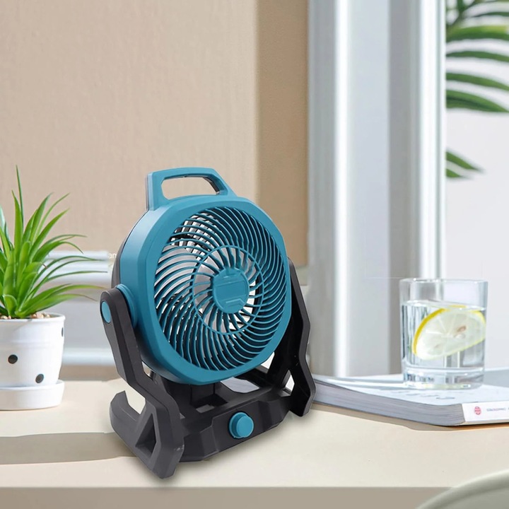 Ventilator portabil de camping, cu 2 acumulatori de 48W, conceput pentru utilizare in aer liber, cu acumulatori, trei trepte de viteza, verde/negru