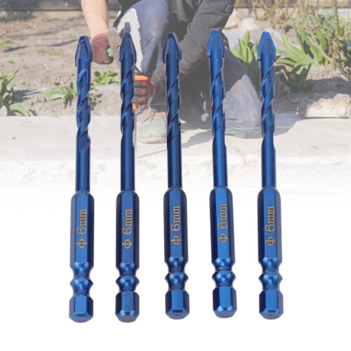 Set 5 burghie excentrice 6mm din otel tungsten, hexagonal, pentru beton si placi