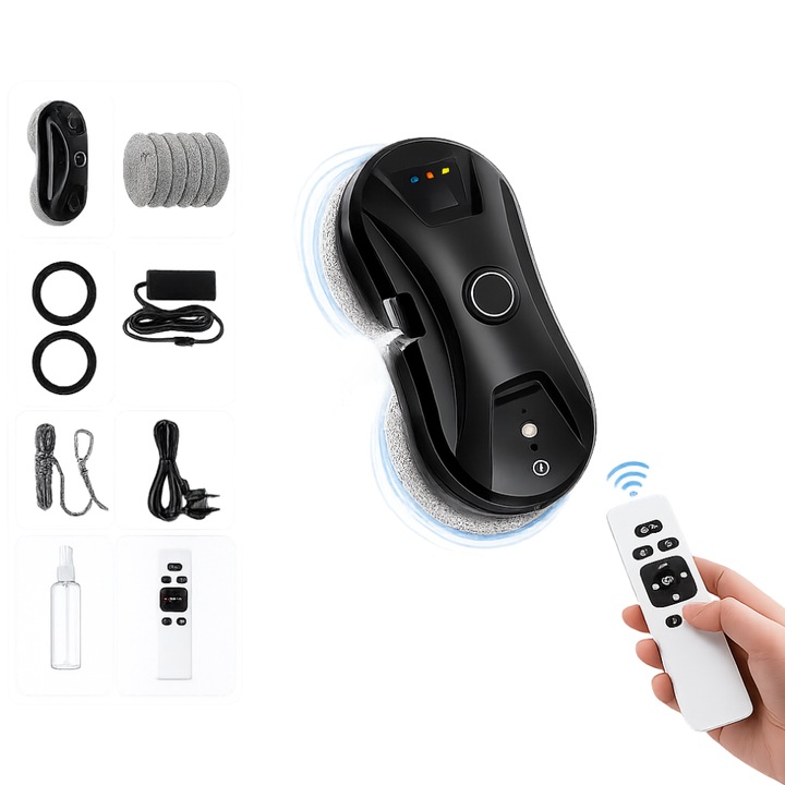 Robot Curatare Geamuri, Robot Inteligent Spalat Geamuri cu Pulverizare, Navigare Inteligenta cu Telecomanda, Protectie Anti Cadere, Pentru Ferestre, Oglinzi, Pereti, Functie Aspirare, Curatare cu Discuri Duble si Lavete din Microfibra, 10 Lavete Incluse