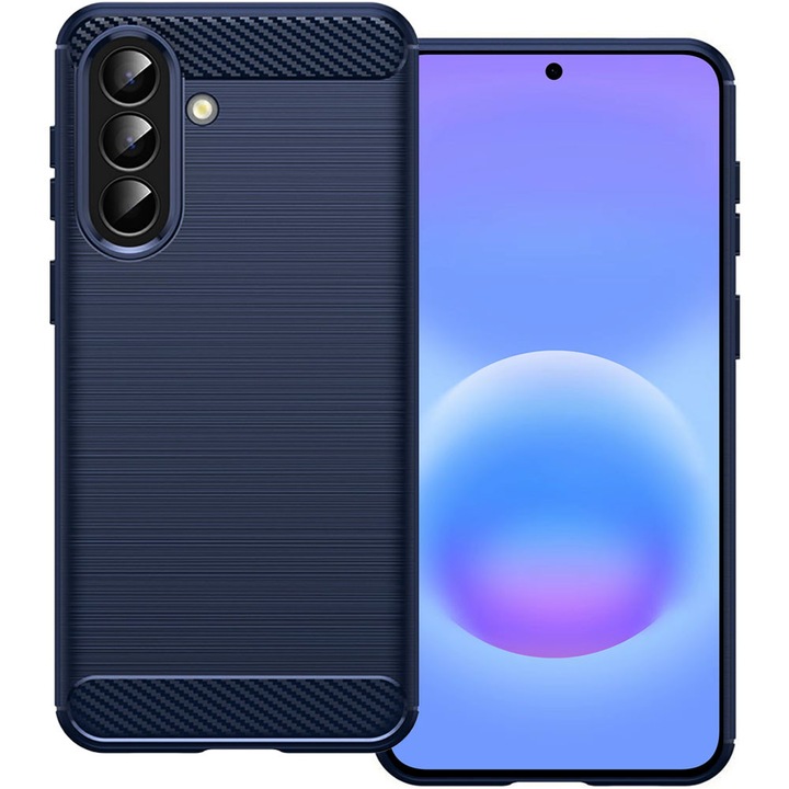 Husa de protectie pentru Samsung Galaxy A57 5G, Carbon Shield, Suprafata aderenta, Spate mat, Anti-amprenta, Finisaj tip fibra, Margini usor ridicate, Flexibila, Confortabila, Design premium, Antisoc, Slim fit, Albastru inchis