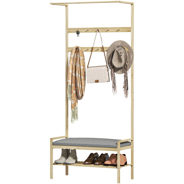 Cuier cu raft pentru pantofi si perna, 10 carlige, bambus natural, 73.5x34x171cm