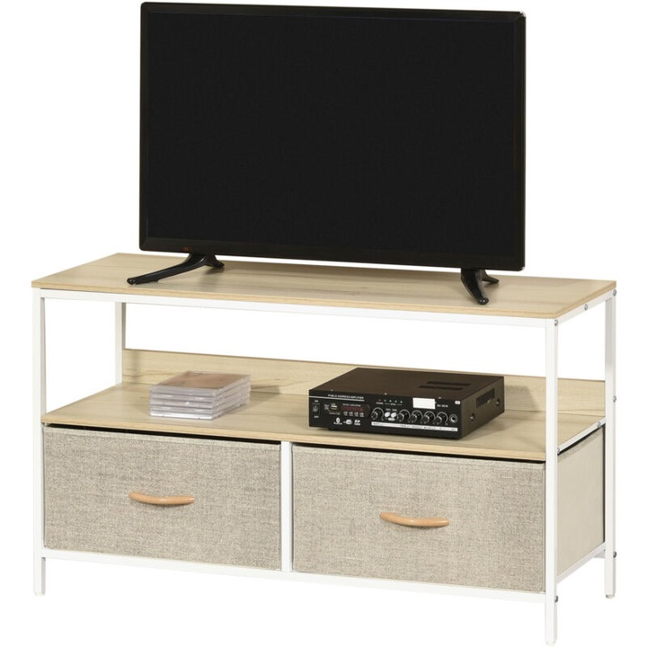 Comoda TV industriala, 2 sertare pliabile, gri, 98x29x56cm