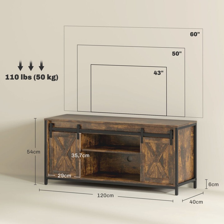 Ipari TV szekrény, 120x40x54 cm, barna, 2 tolóajtóval és 2 polccal