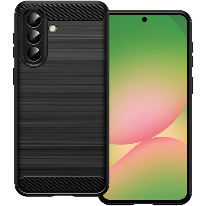 Husa de protectie pentru Samsung Galaxy A56 5G, Carbon Shield, Suprafata aderenta, Spate mat, Anti-amprenta, Finisaj tip fibra, Margini usor ridicate, Flexibila, Confortabila, Design premium, Antisoc, Slim fit, Negru