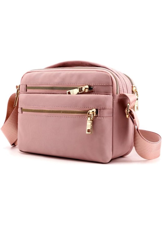 Női válltáska, crossbody, rózsaszín nejlon, több rekeszes, vízálló