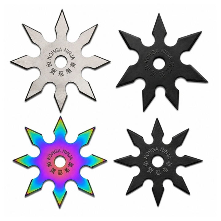 Set patru stele de aruncat DEPOX®, 7 si 8 colturi, metalic, negru/multicolor/argintiu, 10 cm