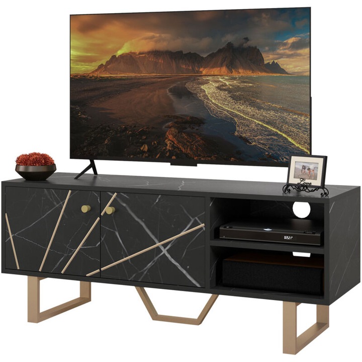 TV állvány fekete márvány fa 110x35x45cm állítható tárolóhellyel