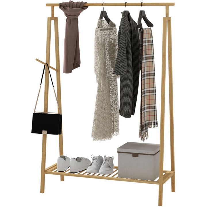 Cuier din bambus, suport haine si pantofi, 110x42x152cm, natural