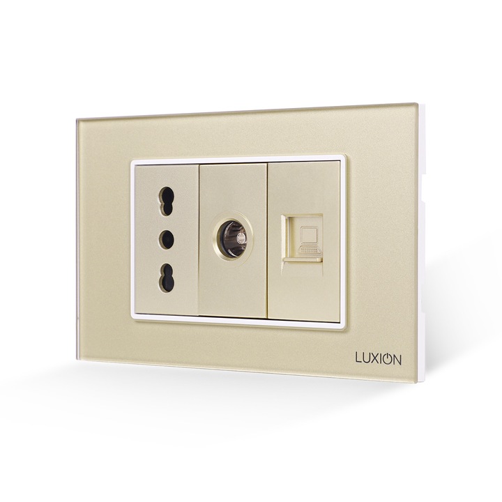 Priza Ingusta + TV + Internet cu Rama din Sticla LUXION, Standard Italian, 3M, Auriu