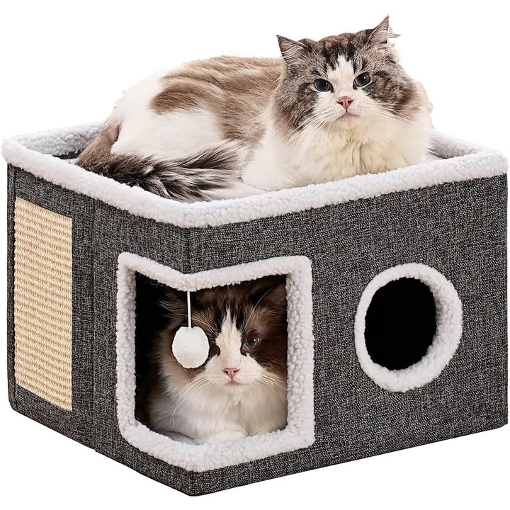 Casa Pisici NextWave®, Casuta Pliabila Tip Pestera, Pat Interior cu Platforma Superioara, Ansamblu de Zgariat Sisal, Minge Pufoasa, Perne Reversibile Detasabile, MDF Stabil, pentru Pisici si Animale Mici, 40 x 40 x 32 cm, Gri Inchis