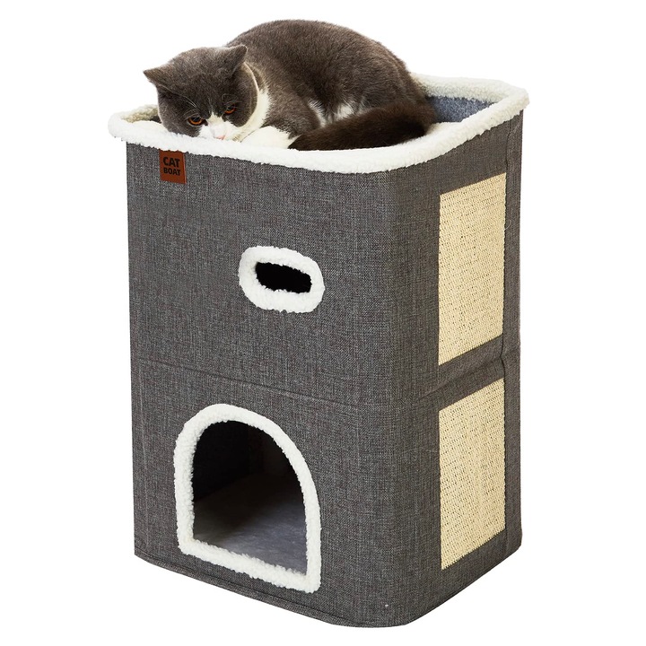 Casa Pisici NextWave®, Casuta Pliabila Tip Pestera, Pat Interior cu Platforma Superioara, Ansamblu de Zgariat Sisal, Minge Pufoasa, Perne Reversibile Detasabile, MDF Stabil, pentru Pisici si Animale Mici, 40 x 40 x 32 cm, Gri