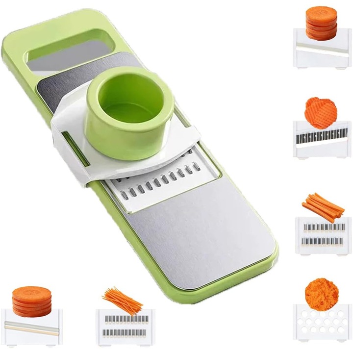 Feliator legume multifunctional cu 6 lame, reglabil, protectie maini, inox, verde