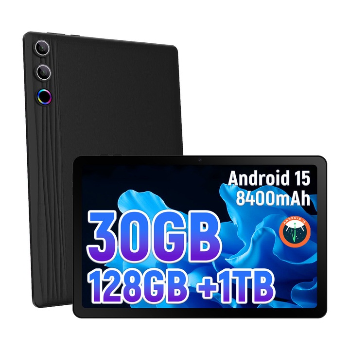 Tableta wqplo G9, 11.5 inch, Octa-Core, Android 15, 30GB RAM + 128GB ROM (extensibil 1TB), Ecran 2K Full HD 1200x2000, WiFi 6, Baterie 8400mAh, Camera duala 8MP+5MP, Type-C, Negru