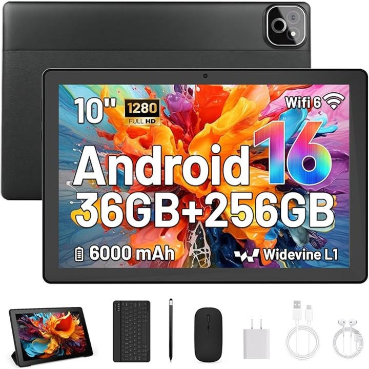 Tableta wqplo X6PROL, 10.1 inch, Octa-Core, Android 16, 36GB RAM + 256GB ROM (extensibil 1TB), 1280x800, WiFi 6, 6000mAh, include tastatura + mouse + stylus + adaptor + incarcator, Negru