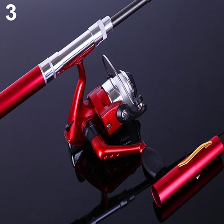 Lanseta pescuit telescopica mini, rosu, 20x100cm, set cu mulineta