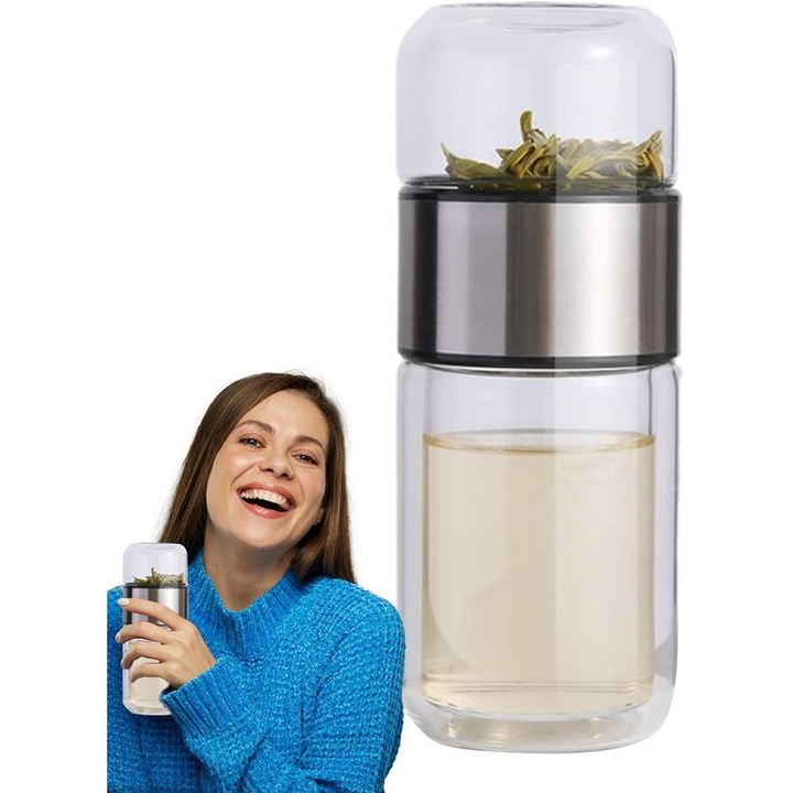 Üveg Vizes Palack Teához, duplafalú, boroszilikát üveg, teafilter, 360ml, hordozható, rozsdamentes acél