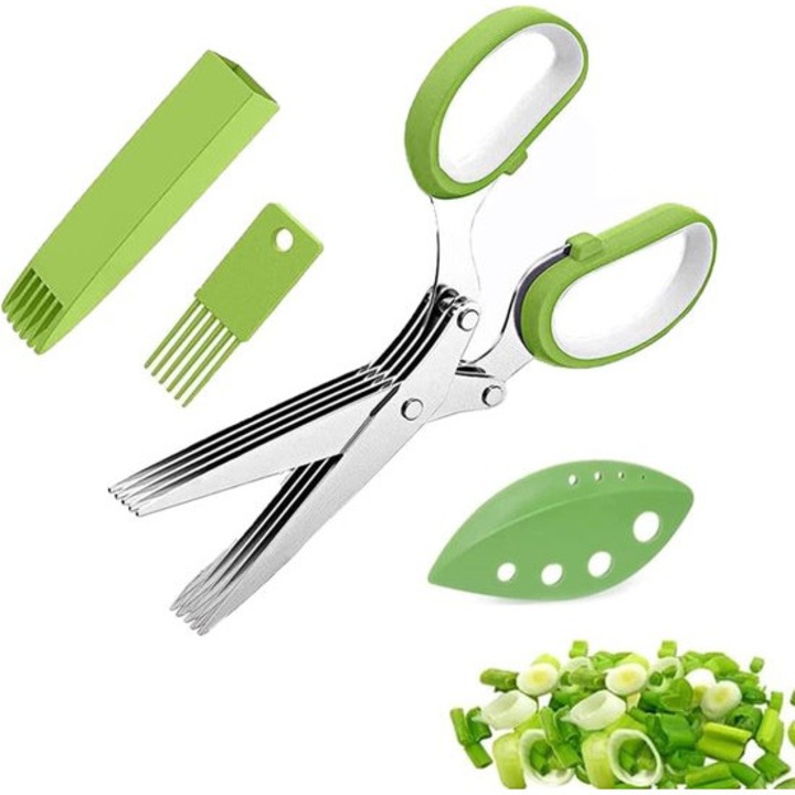 Foarfeci bucatarie, set 5 lame, inox, verde, cu perie curatare, capac si pieptene