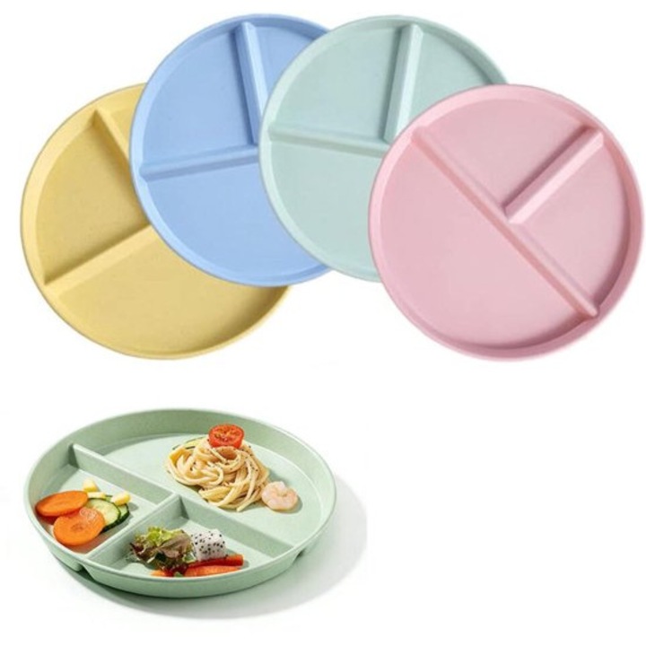 4 darab osztott tányér készlet, 3 rekeszes, többszínű, 22cm