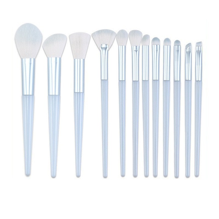 Set pensule machiaj 12 piese, albastru, fibre sintetice, ergonomice