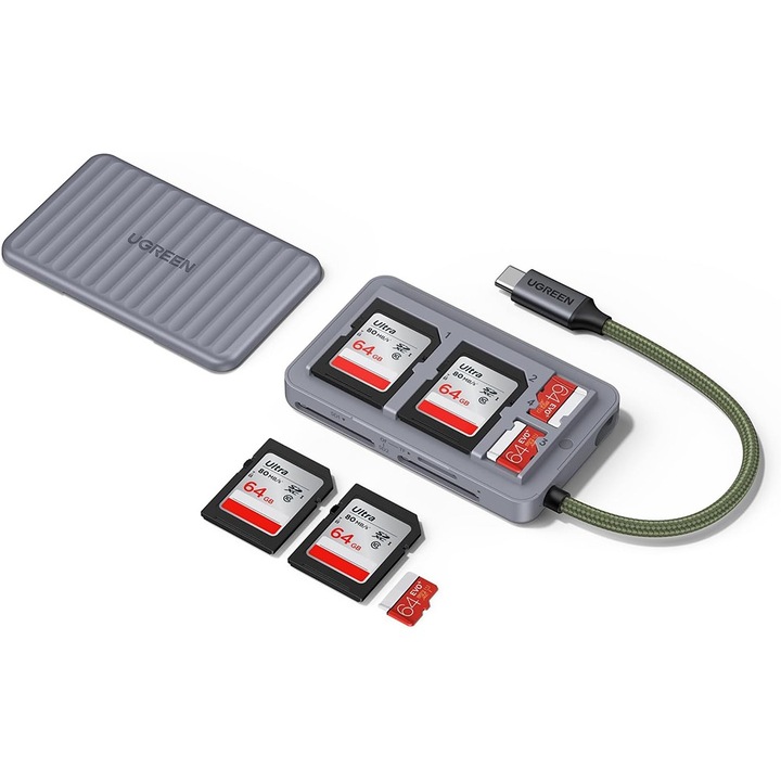 Kártyaolvasó Ugreen 55886, Type-C 2x SD, TF kártyához, Kettős csatlakozó, 170MB/s, Plug&Play, Beépített kábel, Szürke