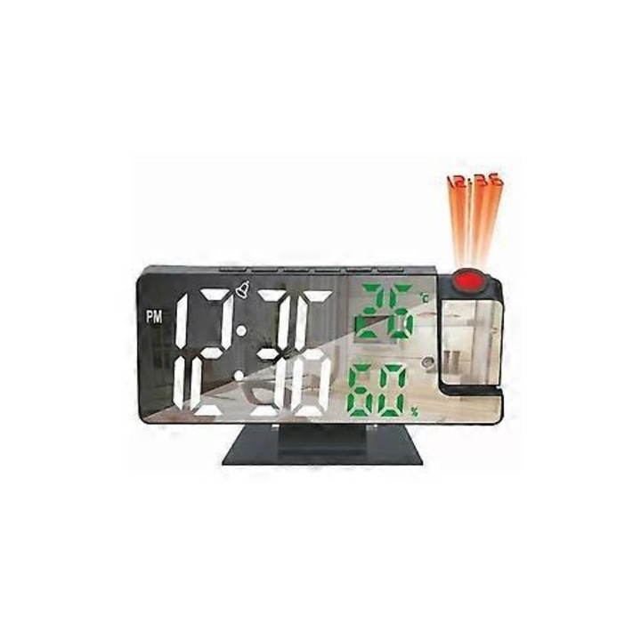 Ceas desteptator digital cu proiectie, LED, oglinda, temperatura si umiditate, alb, 12x7x7cm