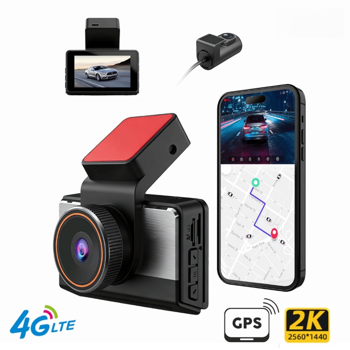 Camera Auto 4G Fata Spate 2K, GPS, Wi-Fi, Monitorizare la Distanta prin Aplicatie, Cartela SIM