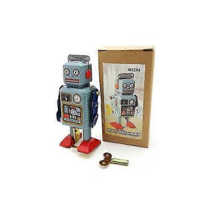 Vintage játékrobot, fém, mechanikus járás, ezüst, 10x15x5cm