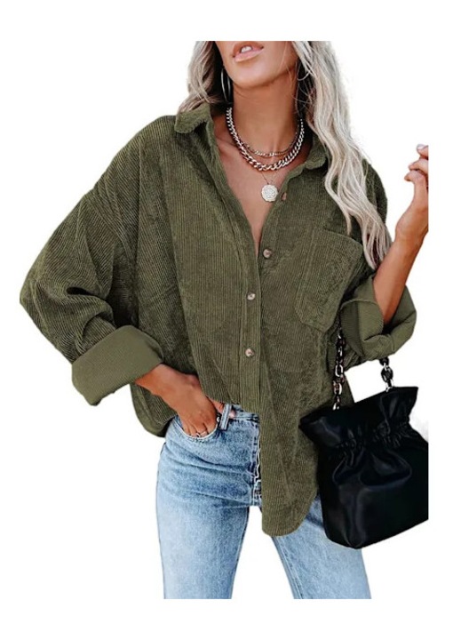 Női ing, oversize, bársony, katonai zöld, hosszú ujjú, lehajtható gallér, L INTL