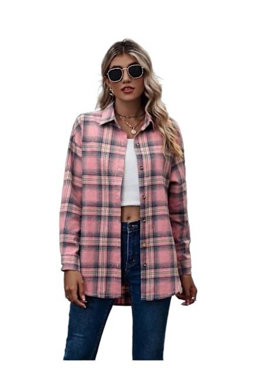 Camasa dama, jacheta clasica in carouri, maneca lunga, palton subtire oversize, roz, bumbac, poliester