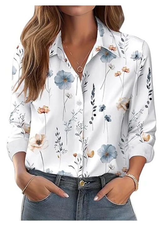 Camasa pentru femei, imprimeu floral, maneca lunga, alb, casual