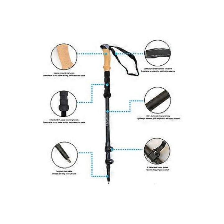Trekking botok, alumínium, összecsukható, ergonomikus markolattal, fekete, 120cm