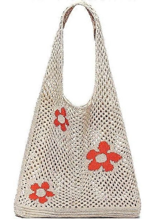 Geanta plaja crosetata, apricot, 40x35cm, pliabila, usoara