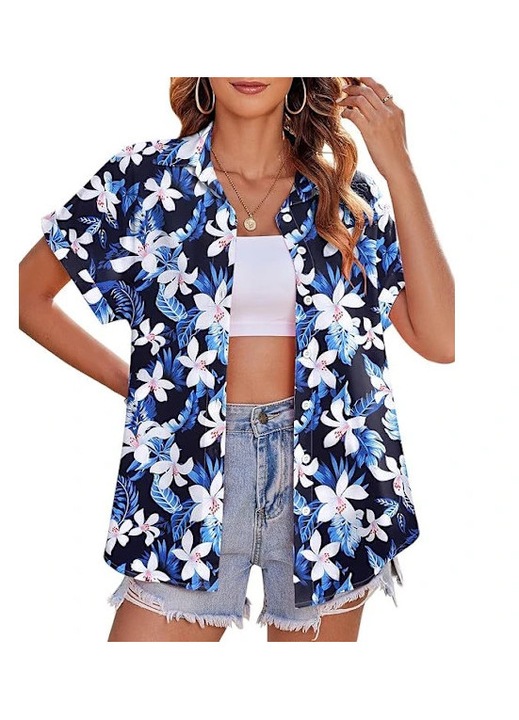 Camasa de vara pentru femei, camasa hawaiana cu flori, decolteu in V, albastru, material din sifon, XL INTL