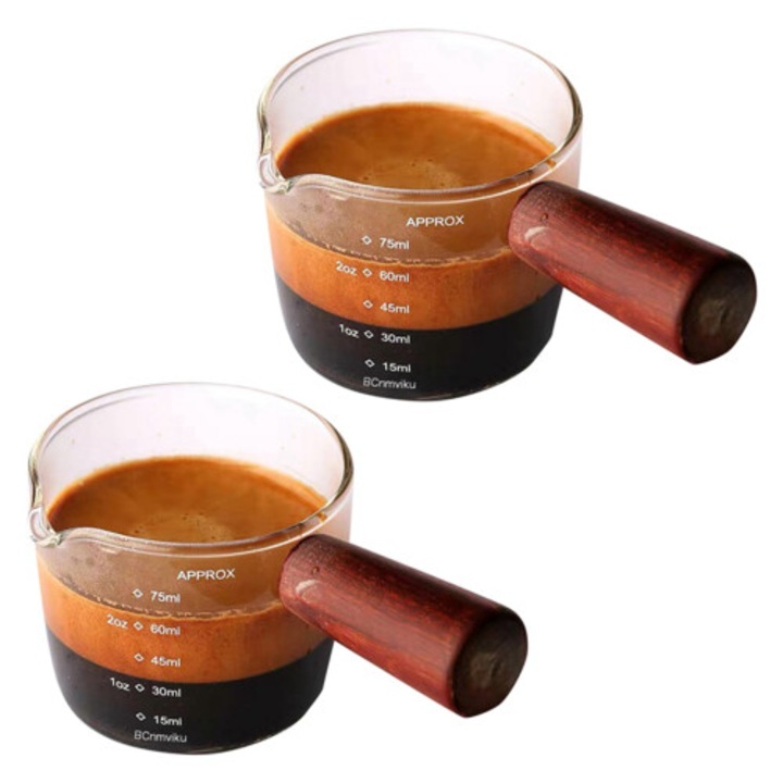 Set 2 cani masuratoare sticla 75ml, maner lemn, picurator unic