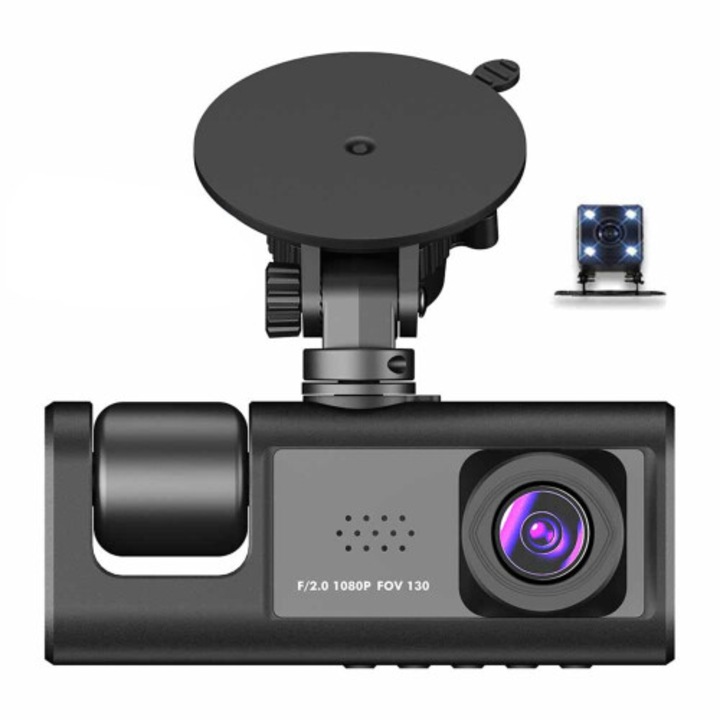 Camera auto tripla, 1080P, ecran 2 inch, negru, unghi larg 140x110, vizibilitate nocturna