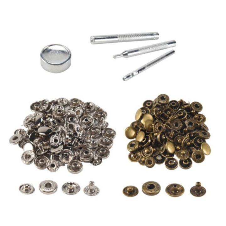 Készlet fém patentok ezüst bronz 10mm 50db szerszámokkal