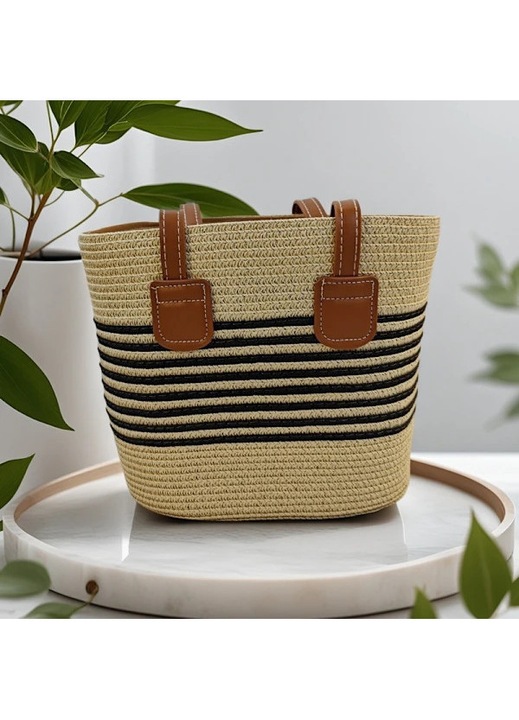 Noi szalmataska, kezzel fonott modell, csikos 30x20cm