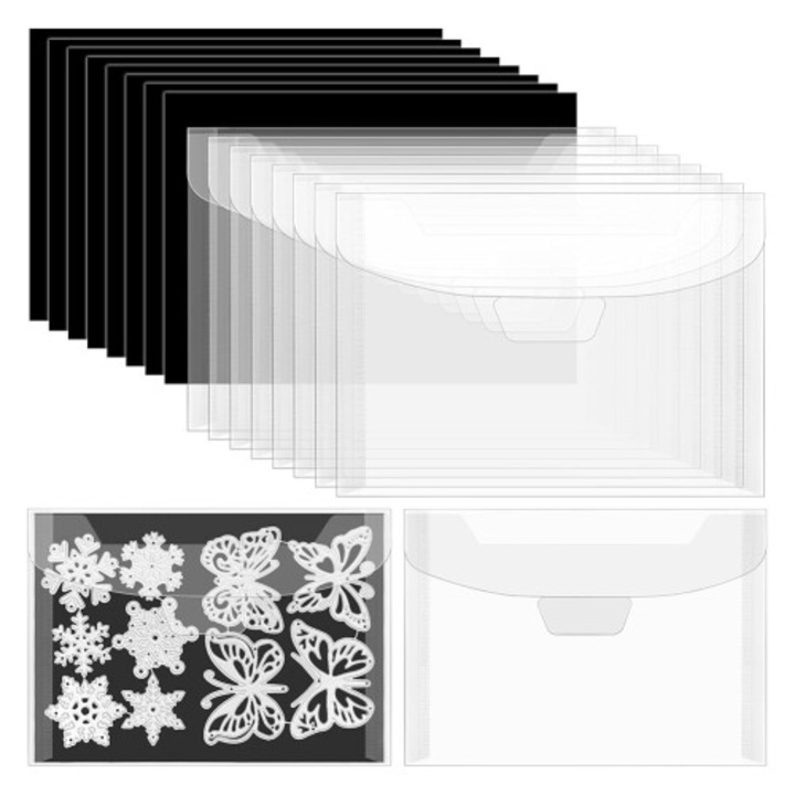 Bélyegző és stancoló rendszerező készlet, 16 darabos, PVC és gumi, fekete, 19x14cm és 17.8x12.8cm