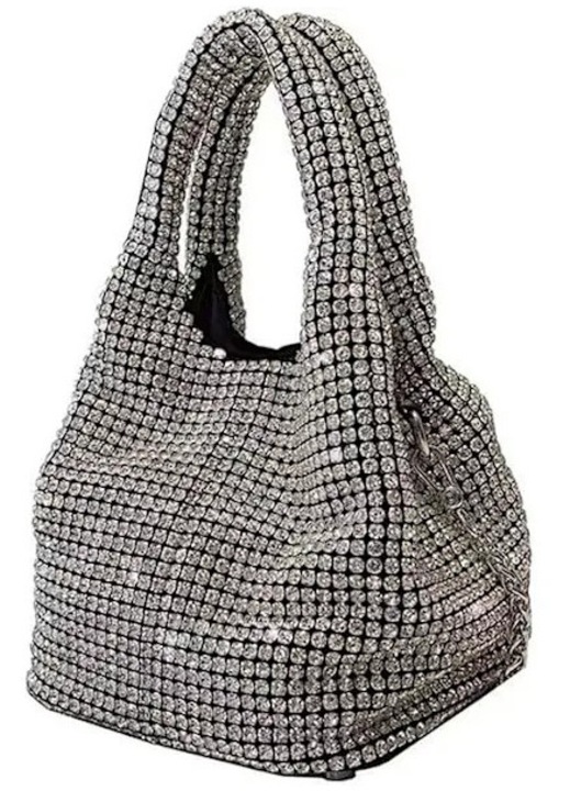 Geanta mini clutch, strasuri, argintiu, 14x14x16cm